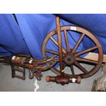 A pair of horse hames, a cart wheel, a saddle rack and a wheelwright hammer