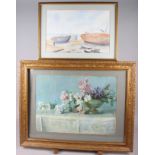 Ben Mason: watercolours, beached boats, 10" x 15", in gilt strip frame, and a still life of flowers,