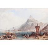 A watercolour Continental lake scene with boats, figures and distant church, 7 1/4" x 11", in gilt