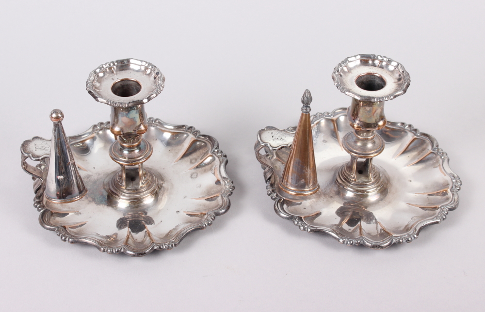 A pair of Georgian silver plate on copper chambersticks, 4 1/2" high