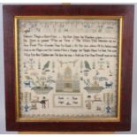 A Victorian sampler, by Sarah Hunt aged 6 1856, with worked alphabet and number border, 12" x 12",