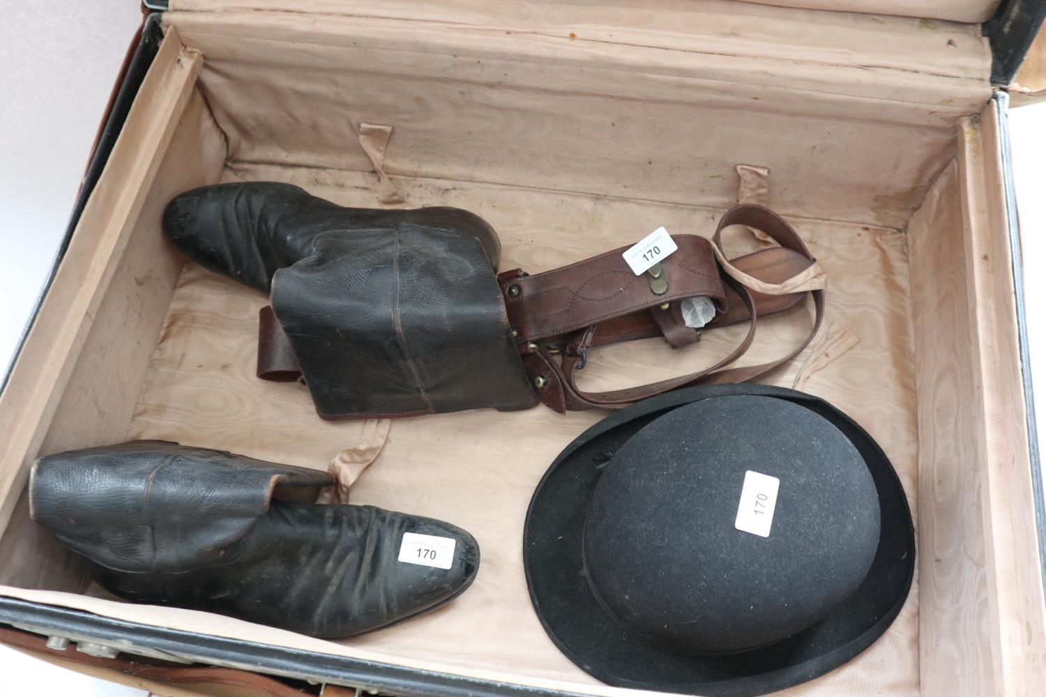 A cowhide suitcase with Cunard White Star Line label and canvas outer case, a bowler hat, a pair - Image 3 of 3