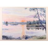 Rochoux, '79: watercolours, lakes scene at sunset, 11" x 19", in cream frame