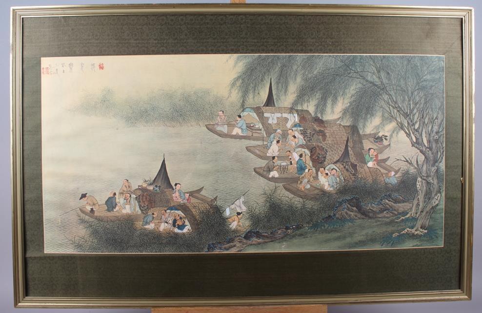 A Chinese print, figures in boats on a river, 13 1/2" x 28 1/4", in gilt frame - Image 5 of 5