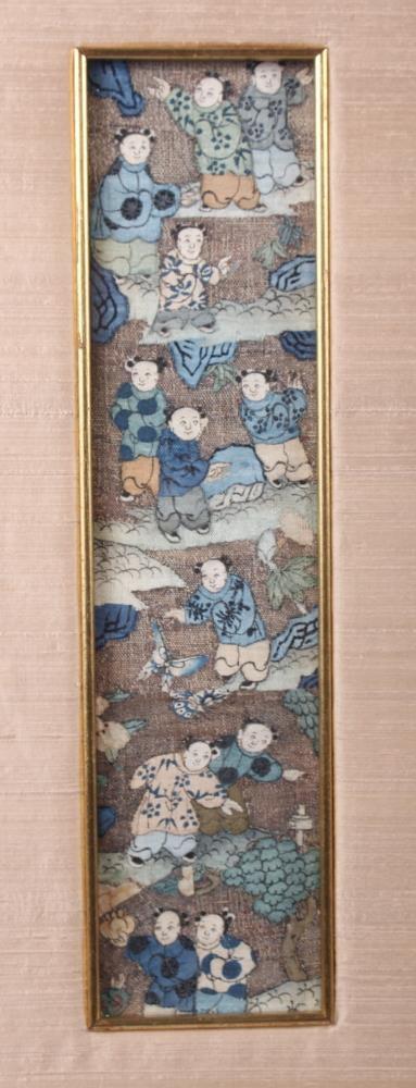 A pair of Chinese embroidered panels decorated figures, 11 1/2" high x 3" wide, in gilt frames - Image 2 of 10