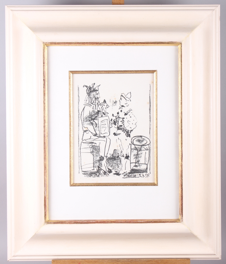 † Pablo Picasso: lithograph, "Les Saltimbanques" (The Tumblers), 9 1/2" x 7", in painted frame