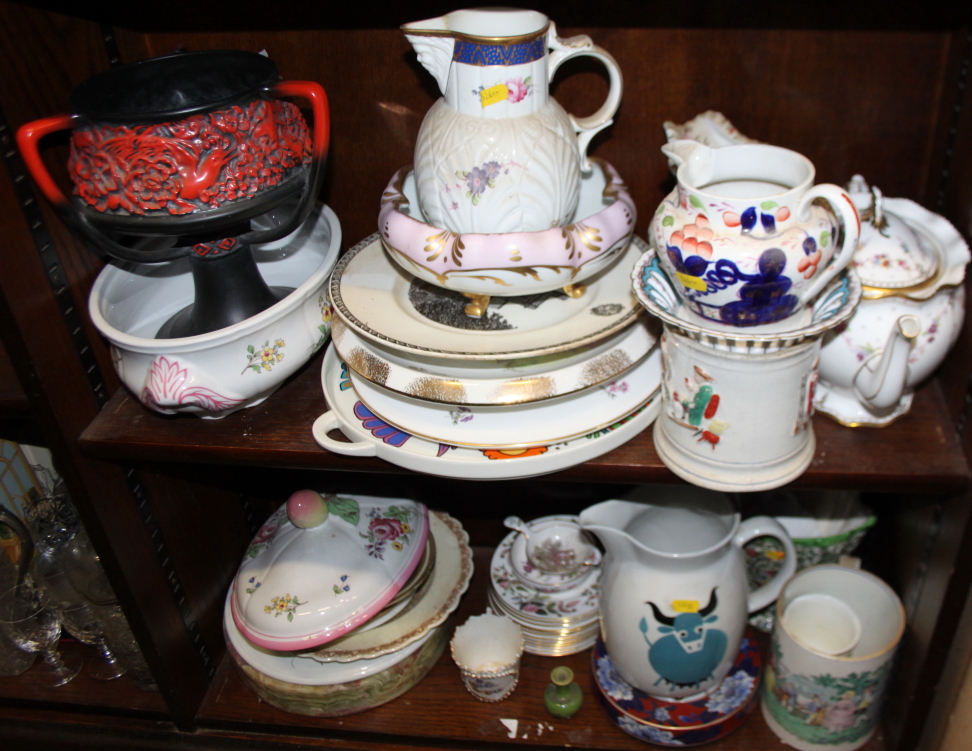 A Spode "Marlborough Sprays" pattern tureen, a Royal Crown Derby "Royal Antoinette" teapot, assorted