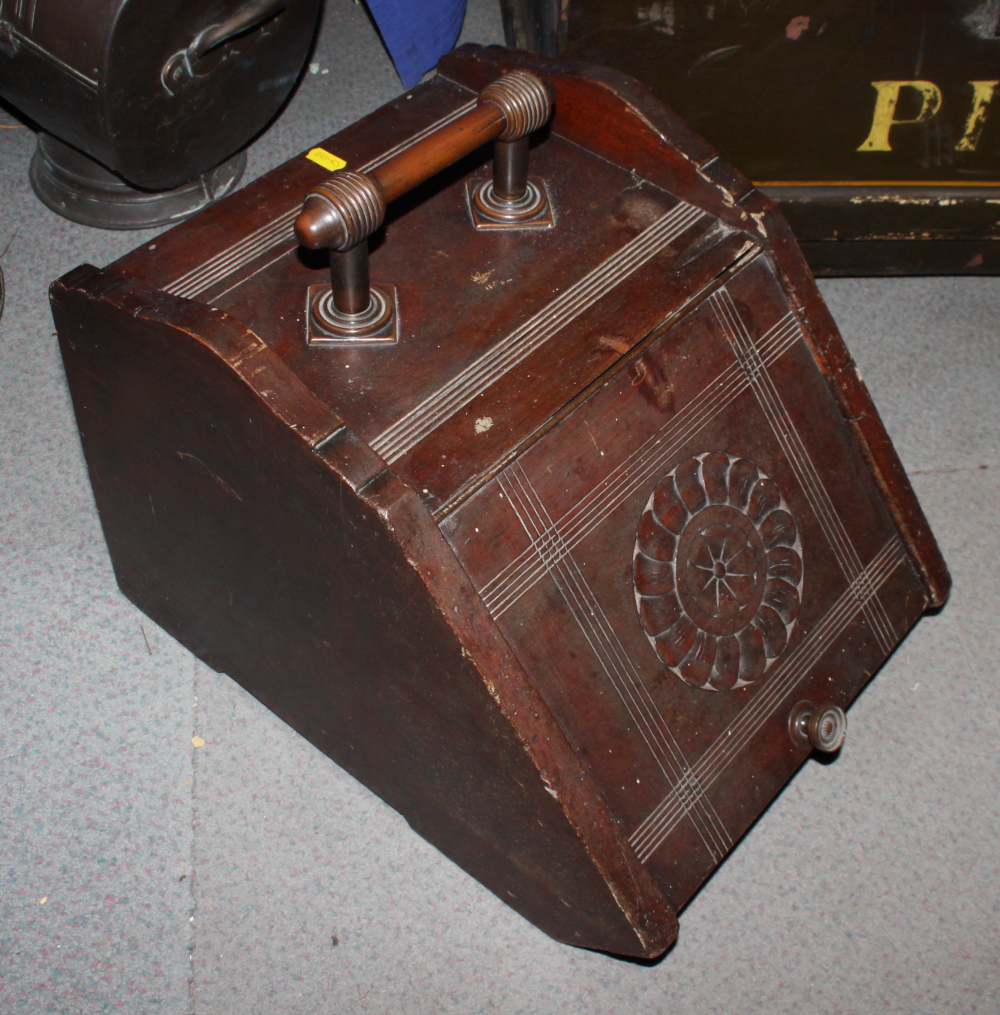 A Victorian stained wood coal purdonium and a copper coal shute