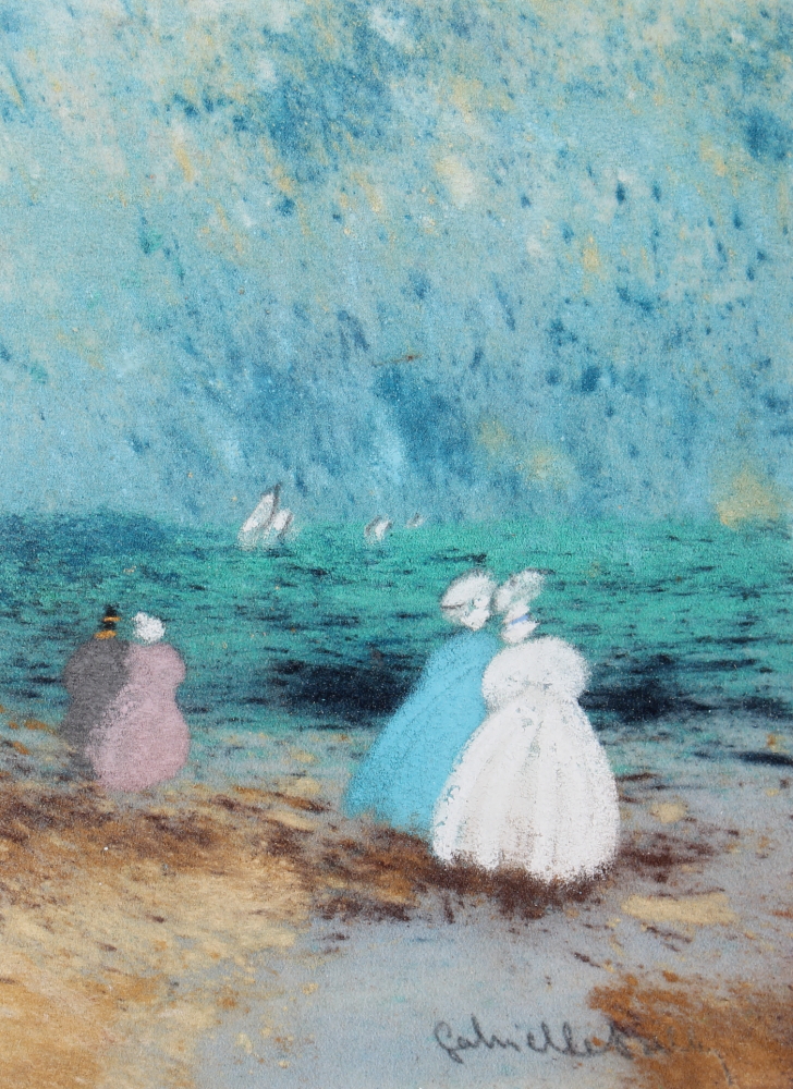 Gabrielle Bellocq: pastels, "Promenade de Famille", 6" x 4 1/2", in white strip frame - Image 3 of 4