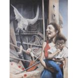 4 8: acrylics, study of a mother and two children in war-torn town, 17" x 13", in cream frame