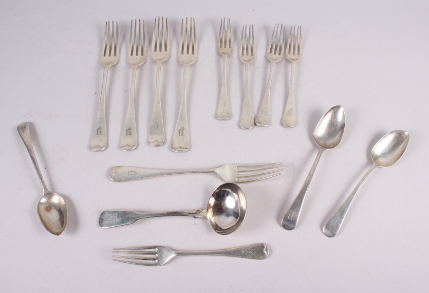 A set of five Old English pattern table forks, engraved initial P, five matching dessert forks,