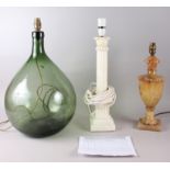 Two alabaster table lamps and a carboy converted to a table lamp, 17 1/4" high