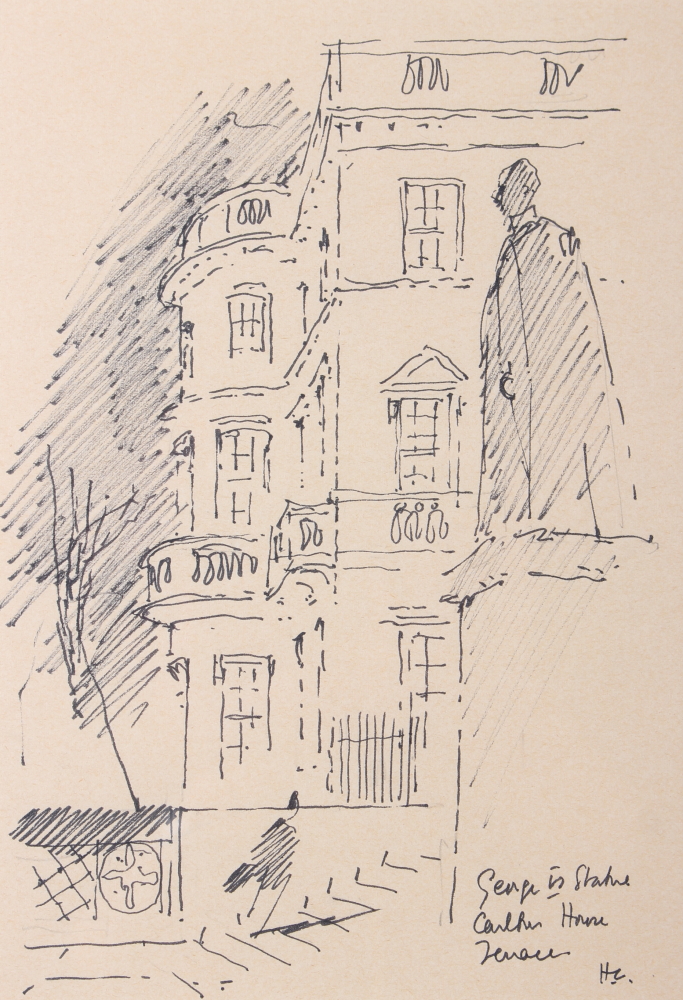 Hugh Casson: pen and ink sketch, "Carlton House Terrace", 9" x 6", initialled and titled, in black