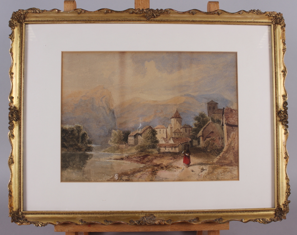 A 19th century watercolour, Continental landscape with figure, buildings and distant mountains, - Image 2 of 2