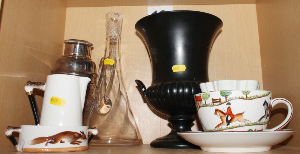 A Royal Doulton "Reynard the Fox" pattern sugar bowl and jug, a Crown Staffordshire mammoth cup