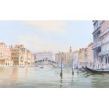 Denis Pannett: watercolours, "Towards the Rialto, Venice", 13 1/4" x 21 1/4", in strip frame
