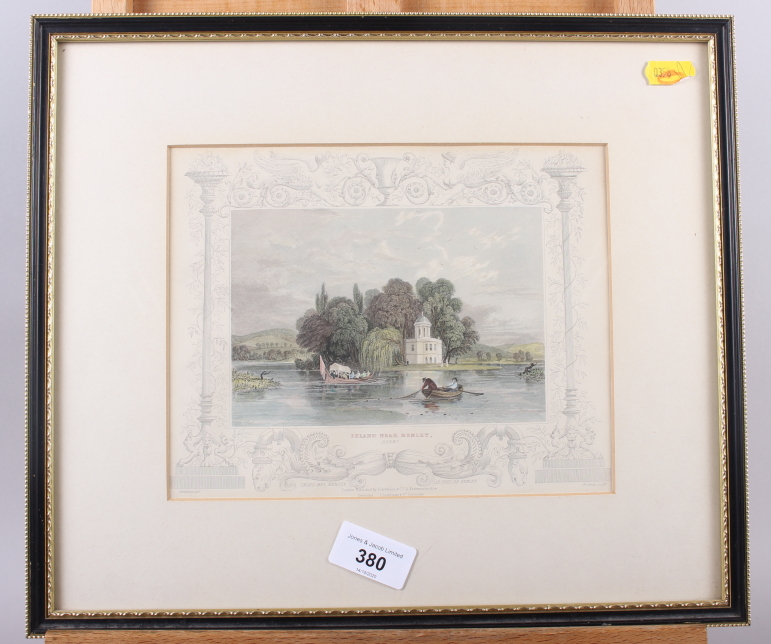A Tombleson hand-coloured print, "Island near Henley", in Hogarth frame, and three other pictures