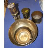 Two pieces of trench art, three bowls and a "Bests Safety Lamp" miner's lamp