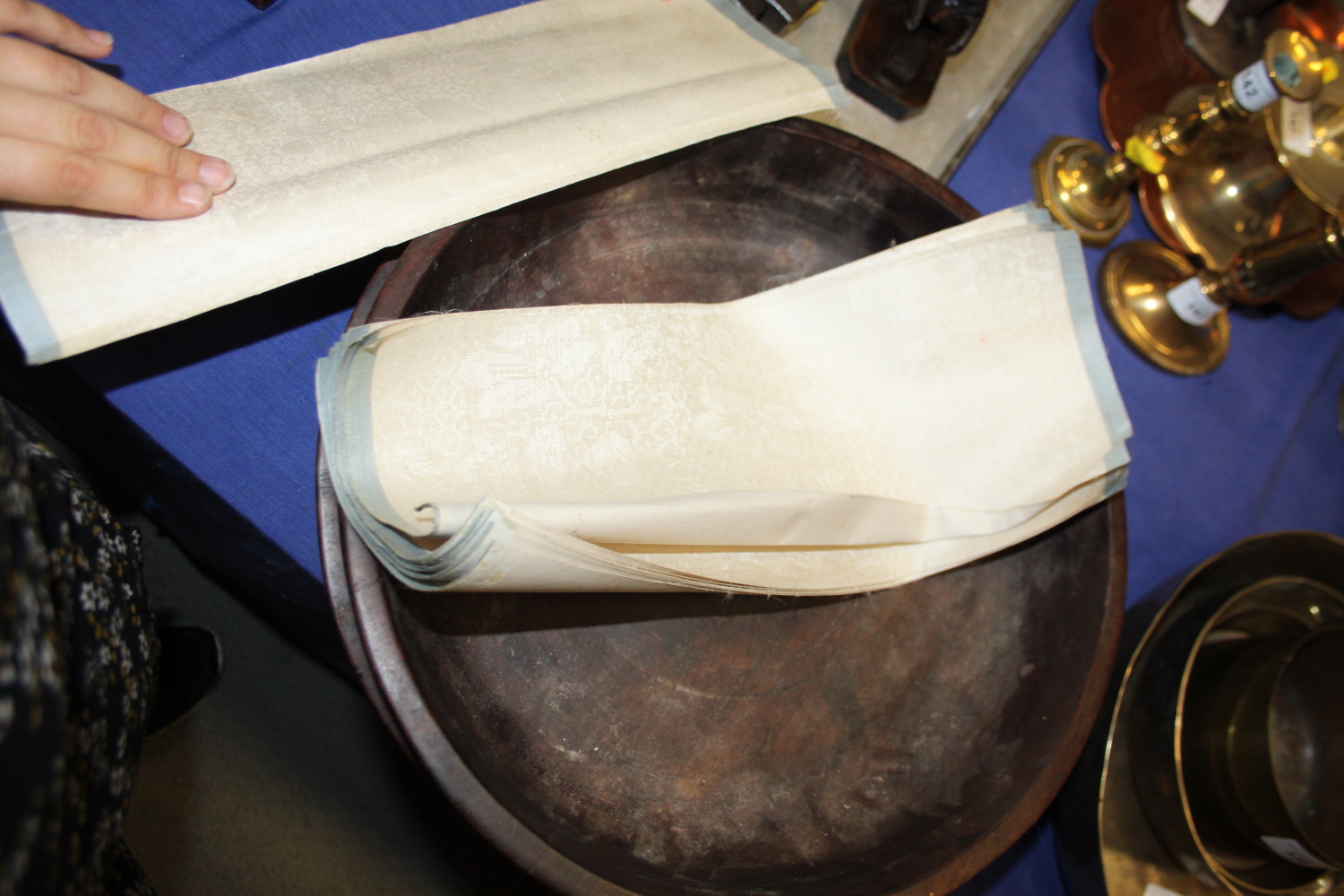 A Chinese scroll with silver speckled design, in hardwood box, and a two-compartment olive wood - Image 15 of 16