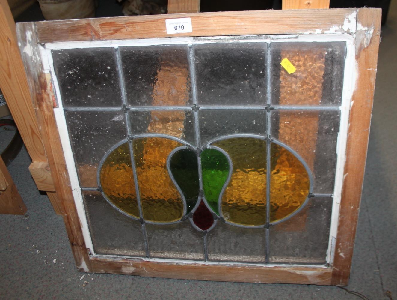 Three matching lead lined stained glass panels, 15" x 17" (damages), two similar panels and a hinged - Image 3 of 12
