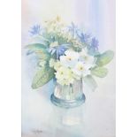 Liz Relfe: watercolours, flowers in a jug, 12" x 8 1/4", in green strip frame