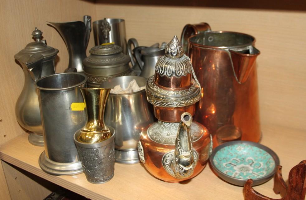 A brass model of a cannon and a three wheeled carriage, four pewter tankards, a copper jug and other - Image 5 of 5