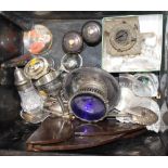 A quantity of silver plate, including salt and pepper grinders, an oil lamp and other items