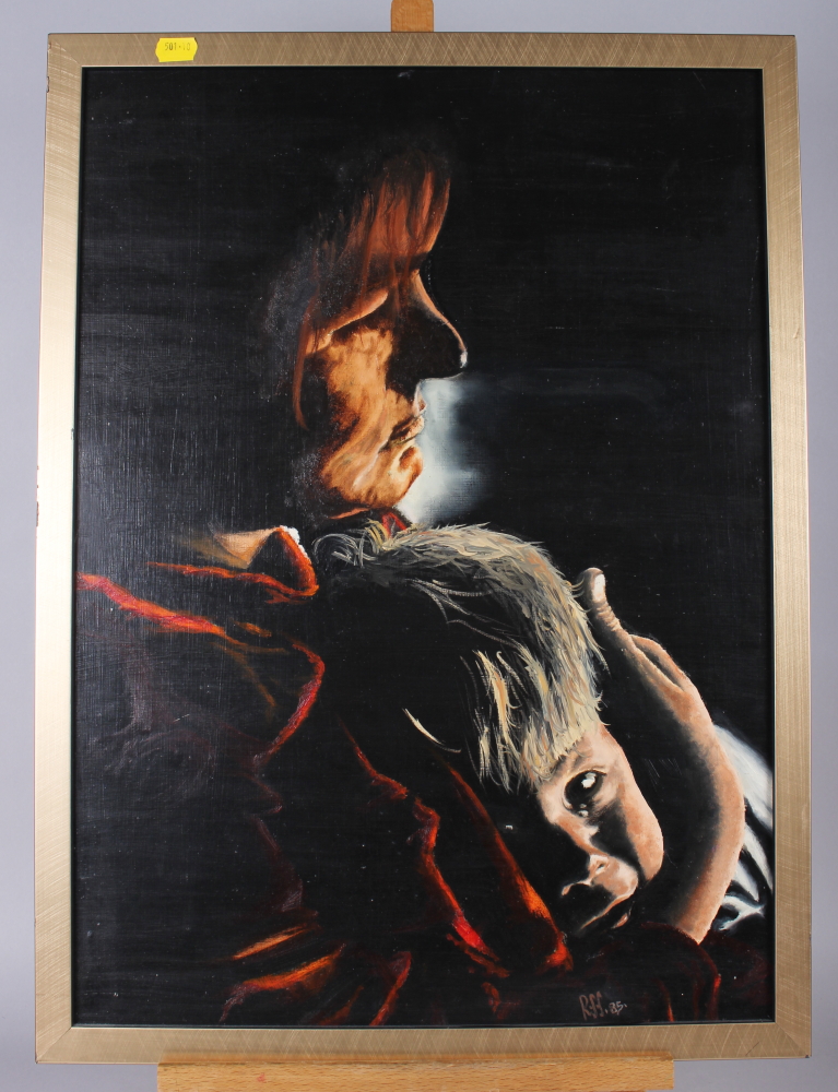 R H, '86: a modern oil, mother comforting a crying child, 23" x 17", in gilt frame, and another - Image 3 of 4