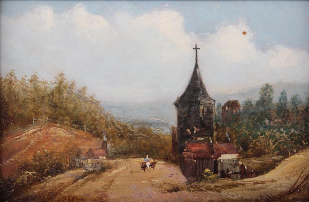 J B Pyne: oil on board, Continental scene with church and road, 5" x 8", in gilt frame