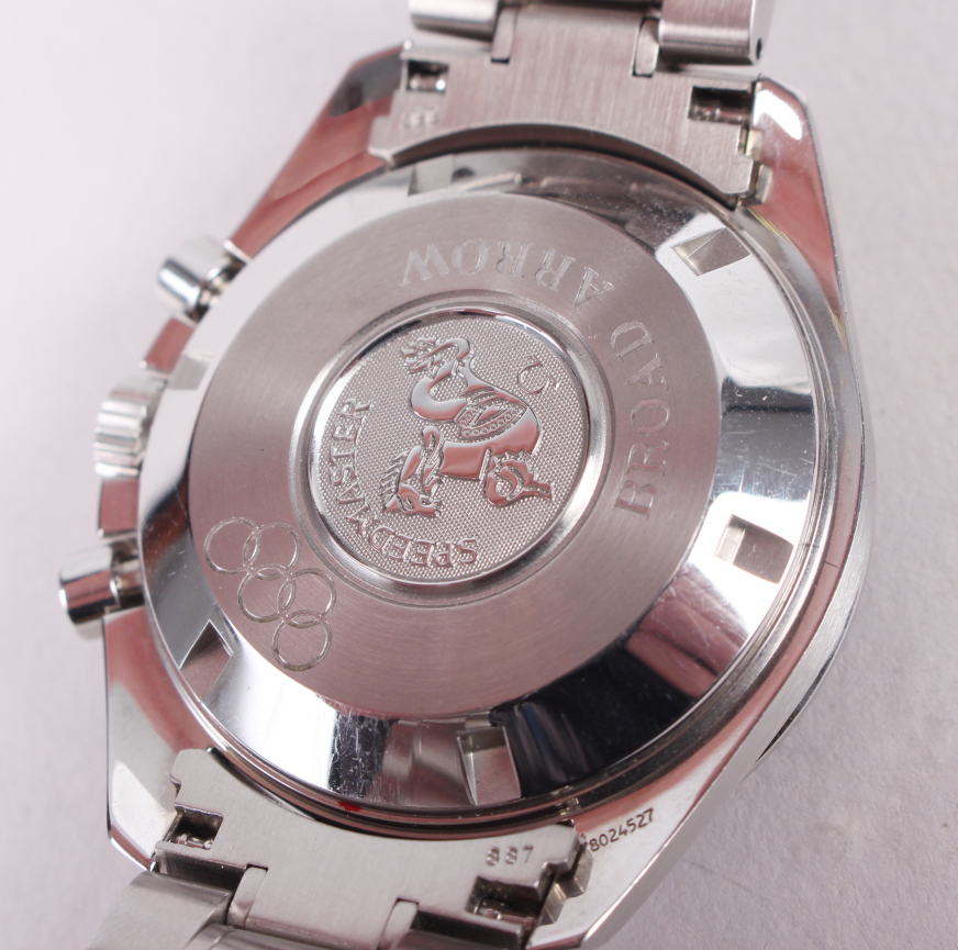 An Omega Speedmaster "Broad Arrow" Olympic stainless steel chronometer bracelet watch, Ref 35565000, - Image 10 of 11