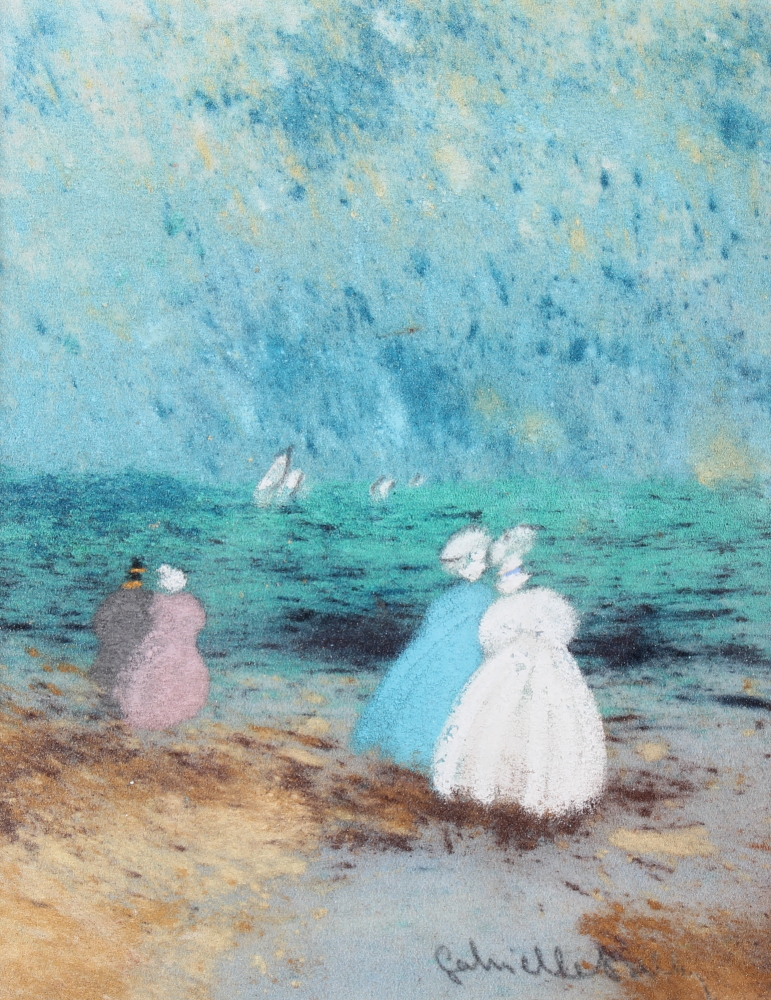 Gabrielle Bellocq: pastels, "Promenade de Famille", 6" x 4 1/2", in white strip frame