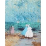 Gabrielle Bellocq: pastels, "Promenade de Famille", 6" x 4 1/2", in white strip frame