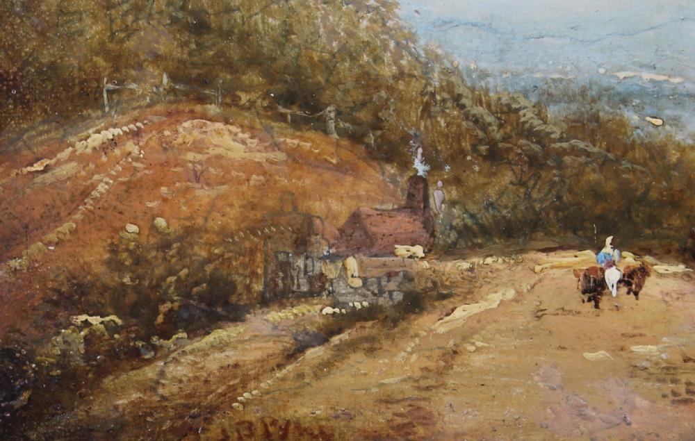 J B Pyne: oil on board, Continental scene with church and road, 5" x 8", in gilt frame - Image 3 of 5