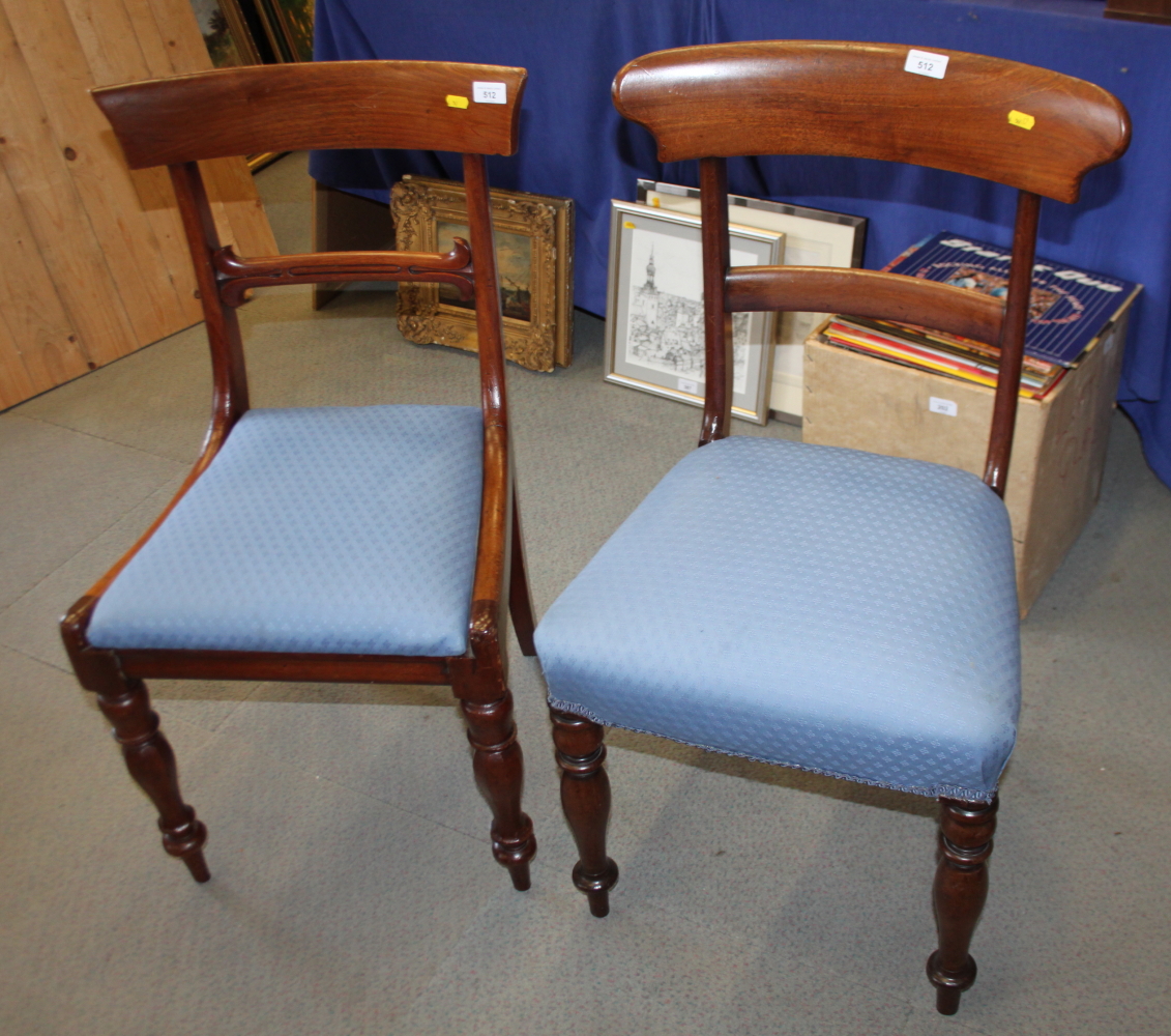 A late Georgian mahogany bar back dining chair with plain shoulder board, Trafalgar seat covered