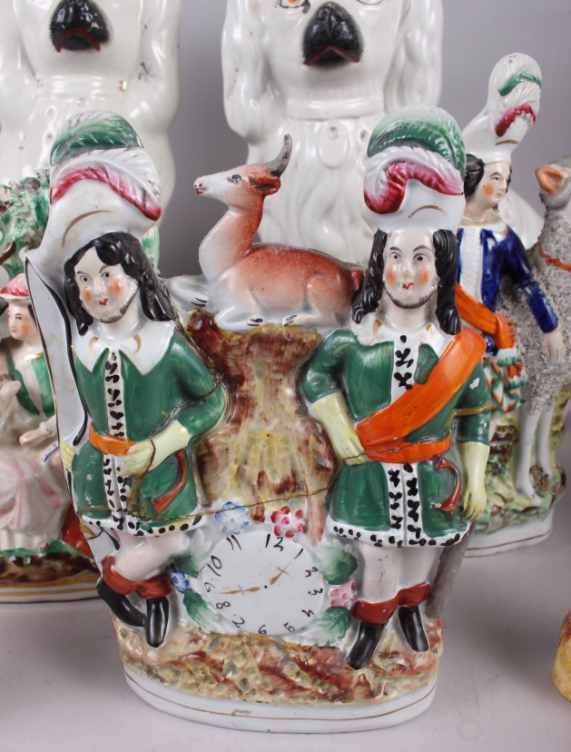 A pair of 19th century Staffordshire spaniels, 11" high, and eight Staffordshire pottery groups - Image 3 of 6