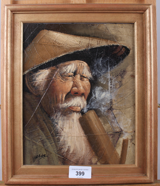 Aris?: an oil, head of a Chinese man, 10" x 7 1/2", in gilt frame, and a pair of modern coloured - Image 5 of 6