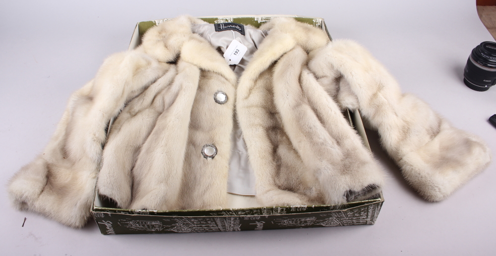 A vintage Harrods cropped fur jacket with mother-of-pearl buttons, in Harrods box