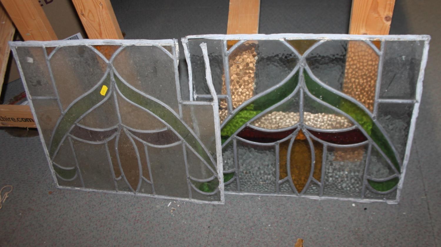 Three matching lead lined stained glass panels, 15" x 17" (damages), two similar panels and a hinged - Image 7 of 12