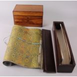A Chinese scroll with silver speckled design, in hardwood box, and a two-compartment olive wood