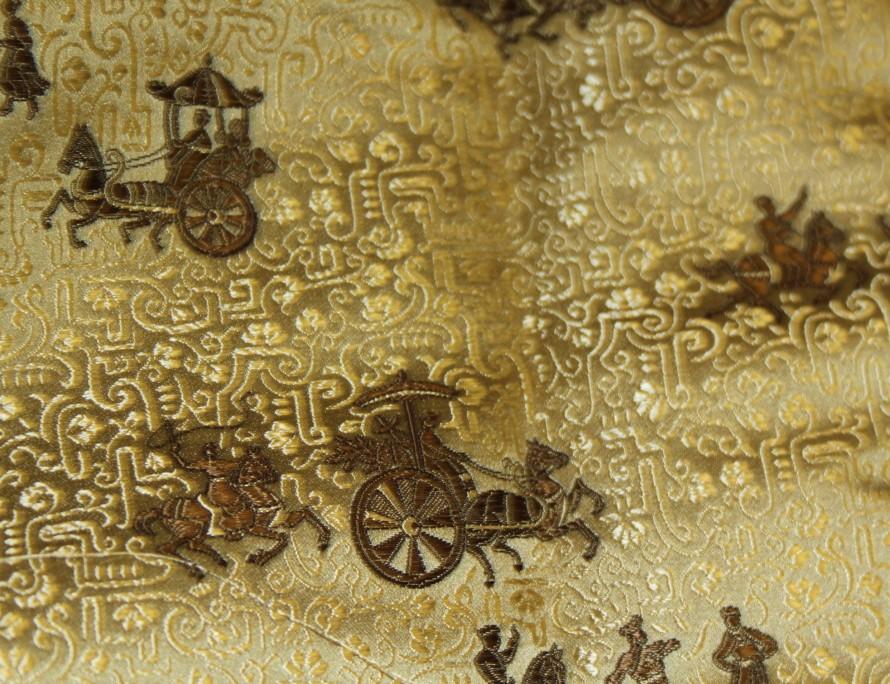 A Chinese silk panel with horse and carriage design in shades of gold and khaki, 214" x 30", a - Image 15 of 23