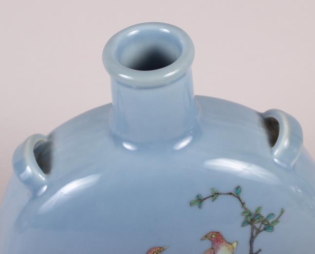 A Chinese moon flask with famille rose decoration of birds and flora, 9 1/2" high, with hardwood - Image 5 of 13