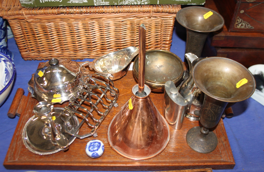 A copper barrel funnel, a Benares brass vase and other metal work