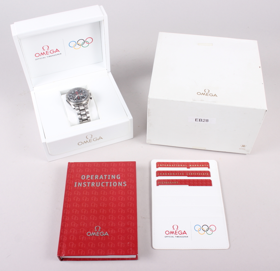 An Omega Speedmaster "Broad Arrow" Olympic stainless steel chronometer bracelet watch, Ref 35565000,
