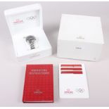 An Omega Speedmaster "Broad Arrow" Olympic stainless steel chronometer bracelet watch, Ref 35565000,