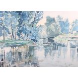Agnes Phillips: watercolours, "La Pleche, River Scene", 12 1/2" x 16 1/2", in gilt strip frame