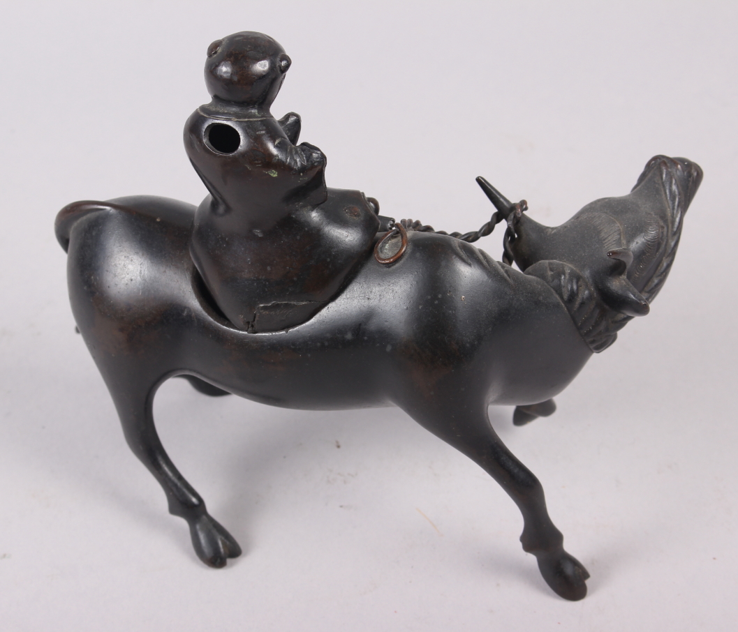 Two Chinese bronze models of figures on the back of buffalos, larger 6 1/4" high - Image 7 of 7