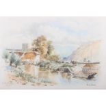 F B Barlow, 1887: watercolours, view of Goring church, 3 1/2" x 12 1/4", in gilt frame, and