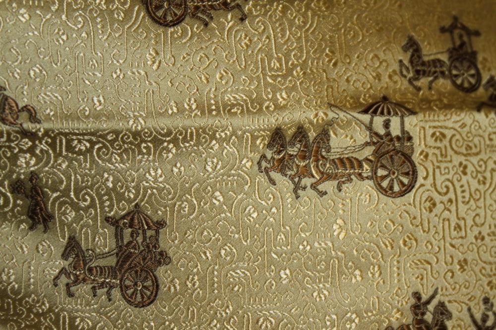 A Chinese silk panel with horse and carriage design in shades of gold and khaki, 214" x 30", a - Image 5 of 23