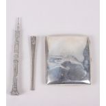 A plain silver cigarette case, engraved initials, a cigarette holder and a combined dip pen and