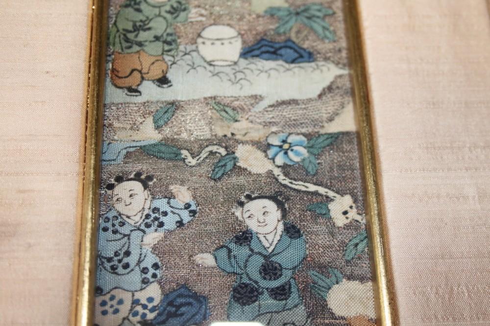 A pair of Chinese embroidered panels decorated figures, 11 1/2" high x 3" wide, in gilt frames - Image 10 of 10